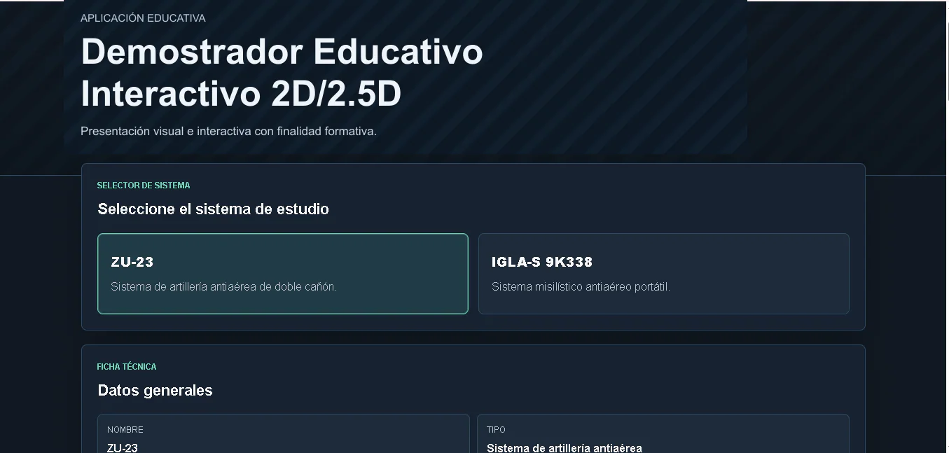 Pantalla de selección del demostrador educativo