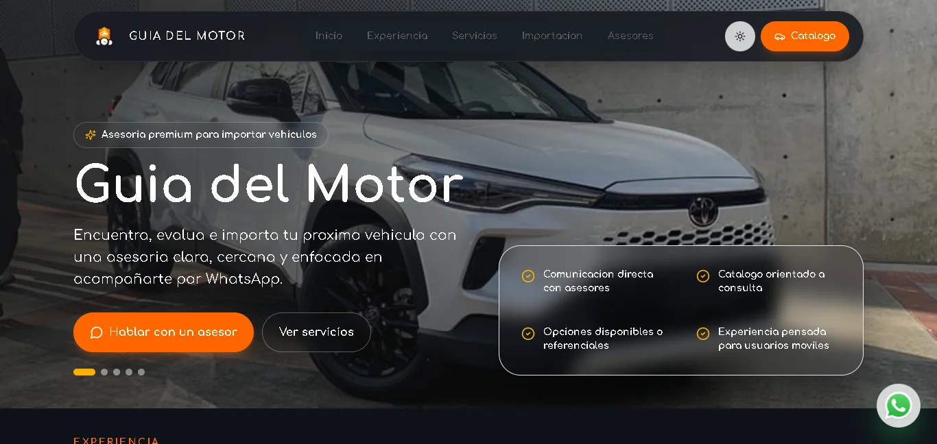 Página principal de Guía del Motor VE en tema oscuro