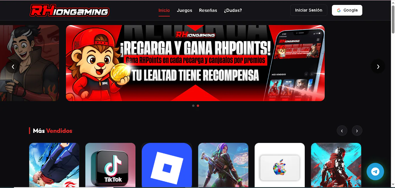 Página principal de RHiongaming con productos digitales destacados